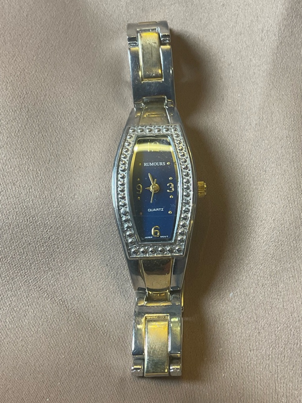 Rumours Blue Dial Rhinestone Watch Gold Tone Bracelet Quartz needs battery